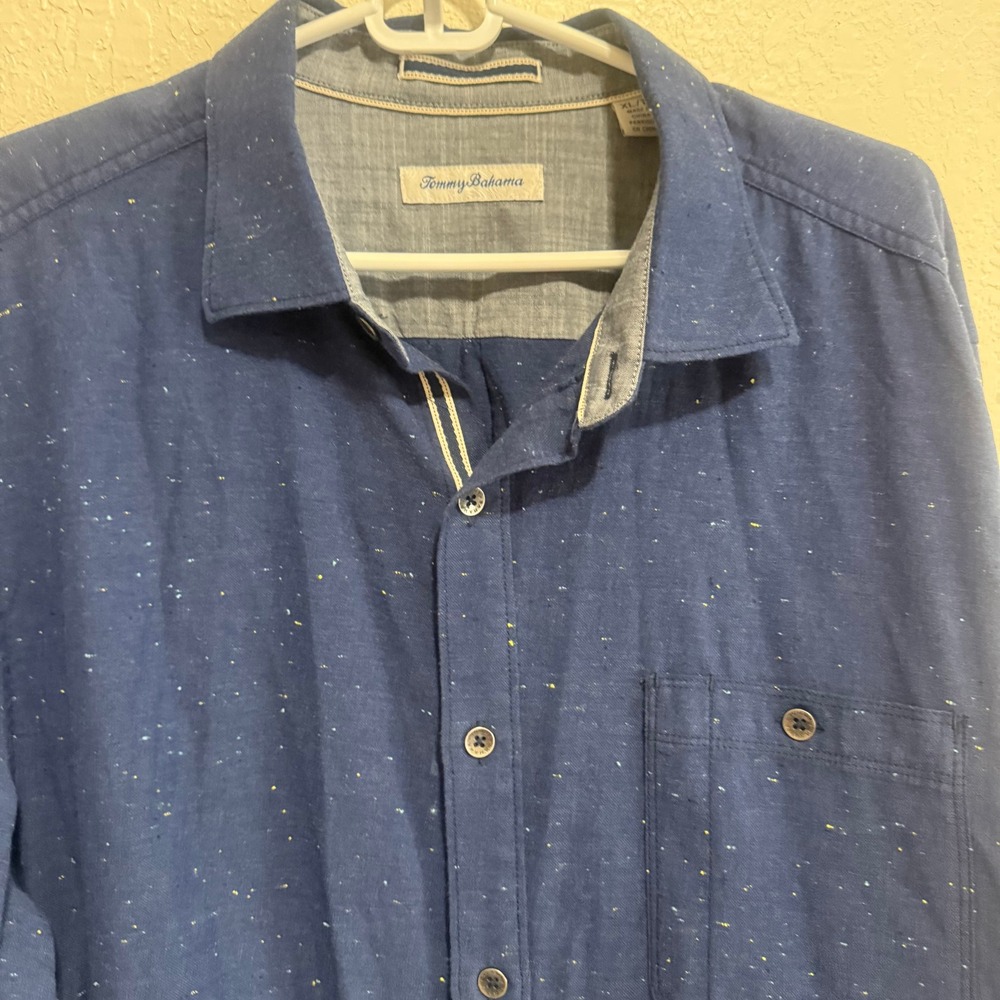 Tommy Bahama Men XL Blue Speckled Neps Long Sleeve Button Down Shirt Marlin Logo - Picture 3 of 14